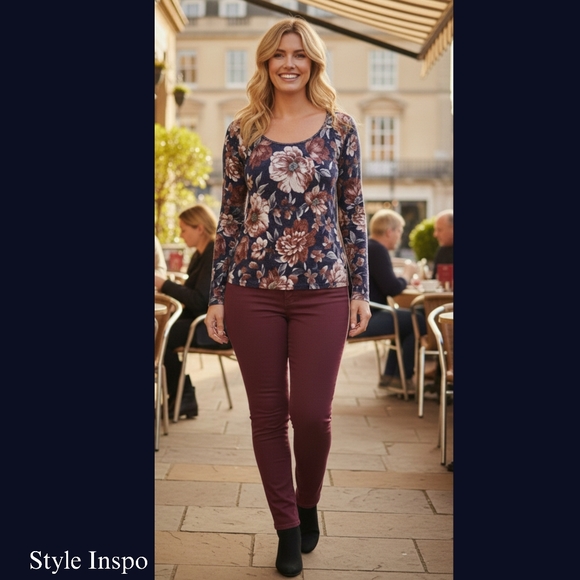 Stunning Navy & Burgundy Floral Long Sleeve Blouse - Picture 9 of 9